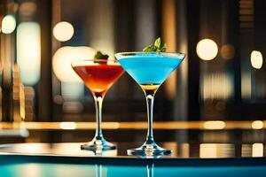 two colorful cocktails sit on a bar. AI-Generated photo