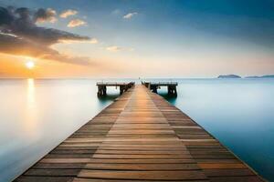 a long wooden pier stretches out into the ocean at sunset. AI-Generated photo