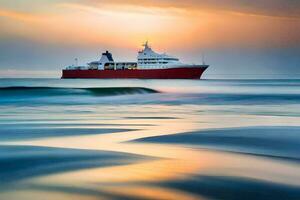 un rojo barco en el Oceano a puesta de sol. generado por ai foto