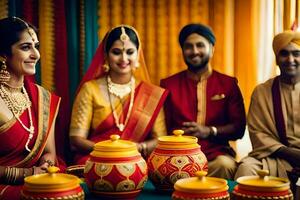 a couple and their friends in traditional indian attire. AI-Generated photo