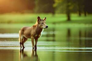 a dog standing in the water at sunset. AI-Generated photo