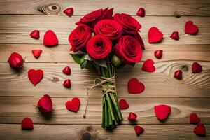 a bouquet of red roses on a wooden table with hearts. AI-Generated photo