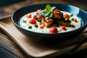 a bowl of soup with tofu and vegetables. AI-Generated photo