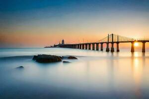 a long exposure photograph of a bridge over the ocean. AI-Generated photo