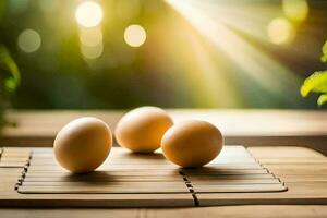 three eggs on a wooden cutting board. AI-Generated photo