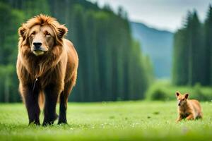 un león y un Conejo son en pie en el césped. generado por ai foto