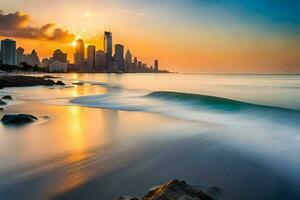 el ciudad horizonte es visto en el antecedentes como olas choque dentro el costa. generado por ai foto