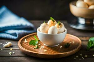 eggs in a bowl on a wooden table. AI-Generated photo