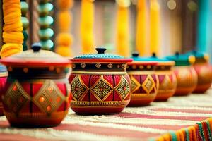 colorful pots lined up on a table with colorful decorations. AI-Generated photo