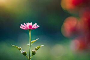 a single pink flower is standing in front of a blurry background. AI-Generated photo