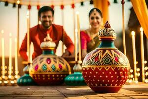 un Pareja en indio atuendo sentado en un de madera plataforma con velas generado por ai foto