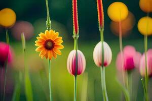 vistoso flores en un campo con un borroso antecedentes. generado por ai foto