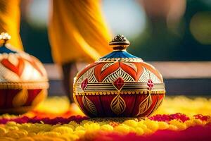 two colorful vases on a flower bed. AI-Generated photo