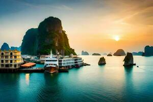 el Dom conjuntos terminado el agua en halong bahía. generado por ai foto