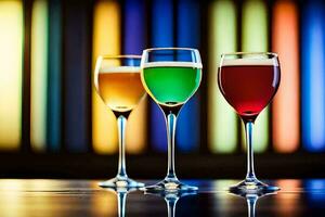 three glasses of colored liquid sit on a table. AI-Generated photo