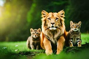 un león y dos gatitos en el césped. generado por ai foto