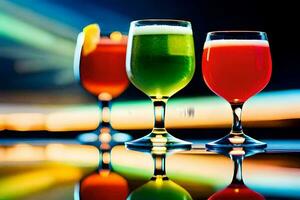 three glasses of different colored drinks on a table. AI-Generated photo