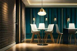 a dining room with blue walls and wooden floors. AI-Generated photo