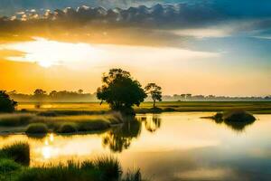 the sun rises over a marshy field and a tree. AI-Generated photo