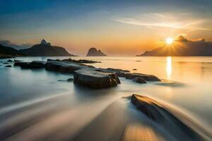 the sun rises over the ocean in this long exposure photograph. AI-Generated photo