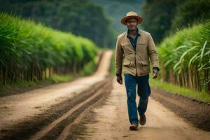 a man walking down a dirt road in front of a sugar cane field. AI-Generated photo