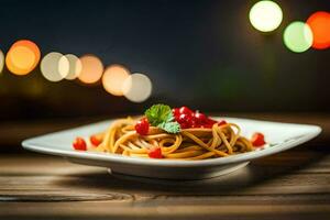 a plate of pasta with tomato sauce and basil leaves on a wooden table. AI-Generated photo