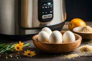 eggs in a bowl next to an electric pressure cooker. AI-Generated photo
