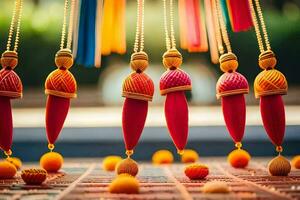 a group of colorful necklaces hanging from a string. AI-Generated photo