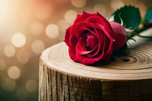 a single red rose sitting on top of a wooden stump. AI-Generated photo