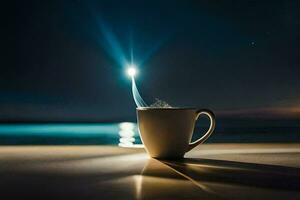 a cup of coffee on a table in front of the ocean. AI-Generated photo