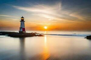 a lighthouse stands on the shore of the ocean at sunset. AI-Generated photo