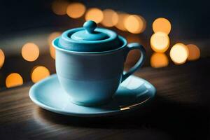 a blue cup sits on a saucer with a blue lid. AI-Generated photo