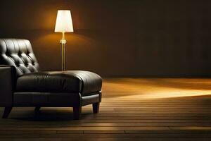 a black leather chair sits in front of a lamp. AI-Generated photo