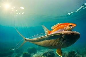 un pescado nadando en el Oceano con un grande pescado en sus atrás. generado por ai foto