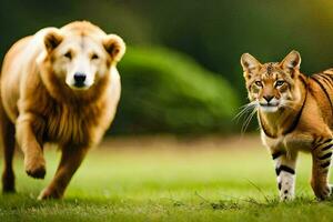 two tigers are walking together in the grass. AI-Generated photo