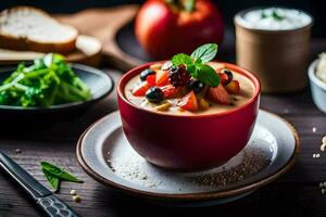 a bowl of fruit and vegetables sits on a table. AI-Generated photo