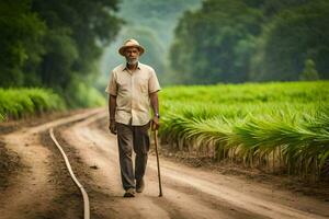 un antiguo hombre caminando abajo un suciedad la carretera en el medio de un campo. generado por ai foto