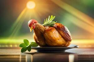 roasted chicken on a plate with a green leaf. AI-Generated photo