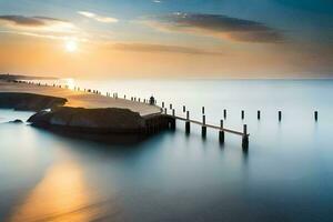 a long exposure photograph of a pier in the ocean. AI-Generated photo