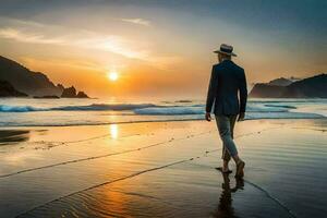 un hombre en un sombrero caminando en el playa a puesta de sol. generado por ai foto