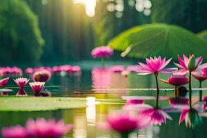 rosado loto flores en el agua con verde hojas. generado por ai foto