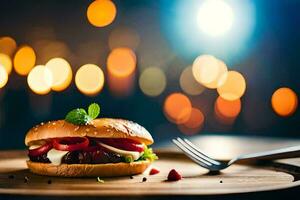 a hamburger with cheese and strawberries on a wooden table. AI-Generated photo