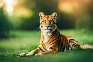 un Tigre es sentado en el césped en el luz de sol. generado por ai foto