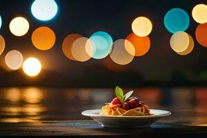 un plato de pasta con un bokeh antecedentes. generado por ai foto