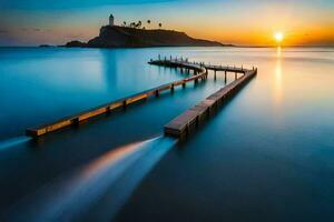 un largo exposición fotografía de un muelle a puesta de sol. generado por ai foto