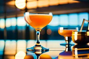 a cocktail sitting on a bar with a view of the city. AI-Generated photo