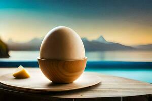 an egg on a wooden plate with a view of the mountains. AI-Generated photo