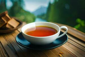 a cup of tea on a wooden table. AI-Generated photo