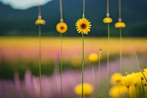 amarillo flores en un campo con montañas en el antecedentes. generado por ai foto