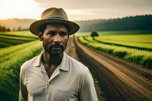 a man in a hat stands in a field. AI-Generated photo